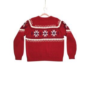 JC Penny Sweater Womens L Vtg 70s Knit Fair Isle Ski Snowflake Red Hearts